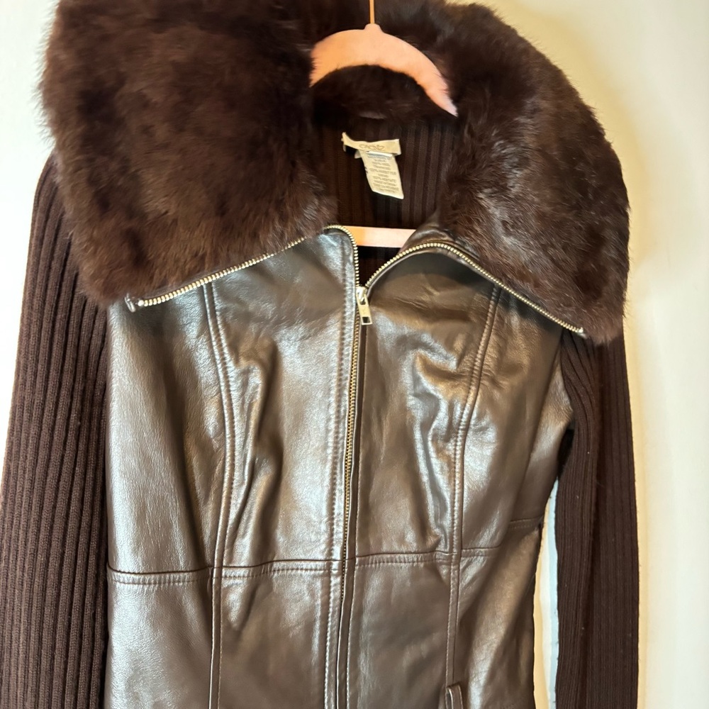 Cache Ribbed Y2k Sweater Jacket Real Fur Bib Coll… - image 3